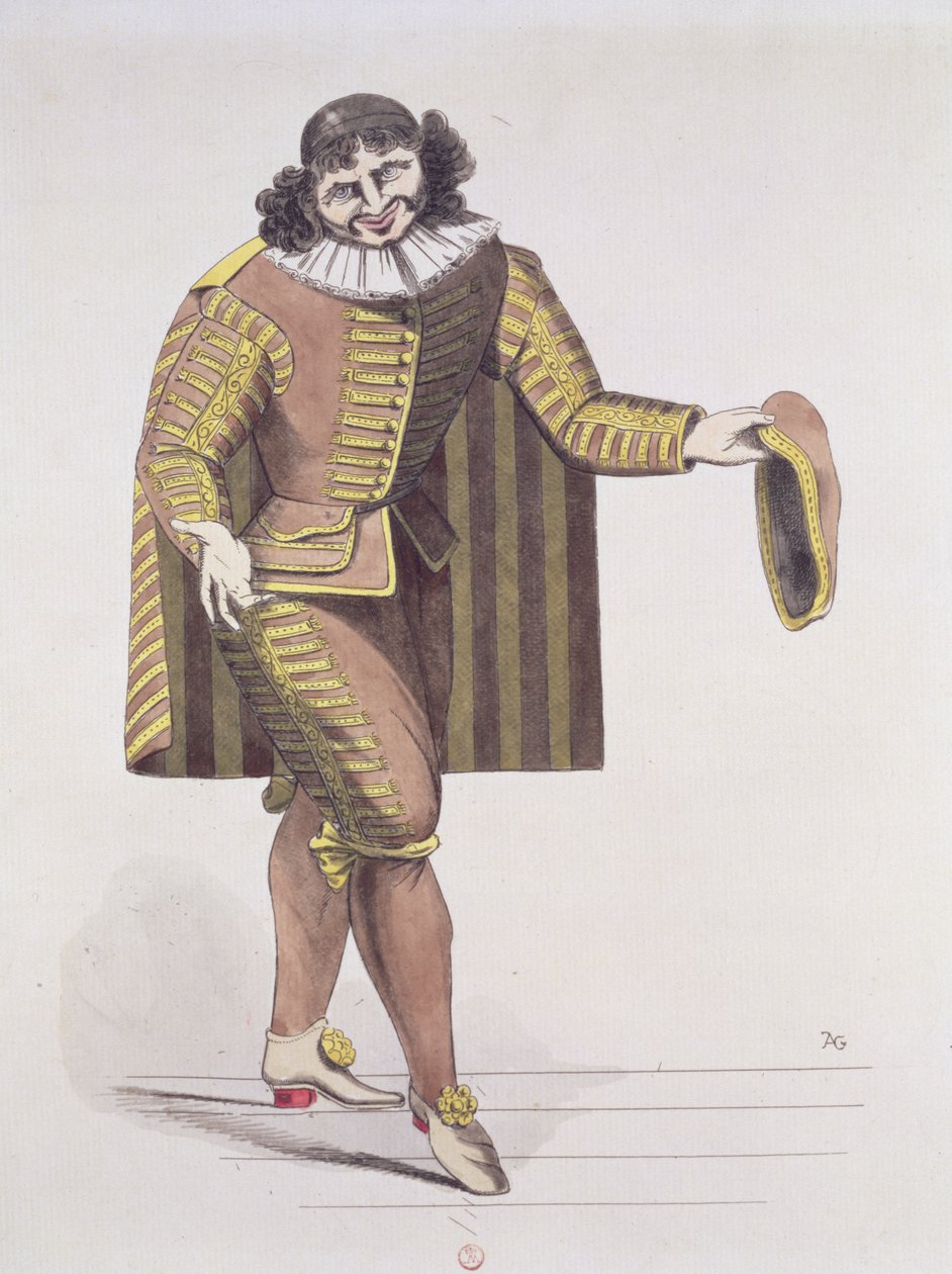 Sganarelle i LEcole des Maris av Moliere, hadde premiere 24. juni 1661 på Palais-Royal Theatre, Paris (penn, blekk og wc på papir) av French School