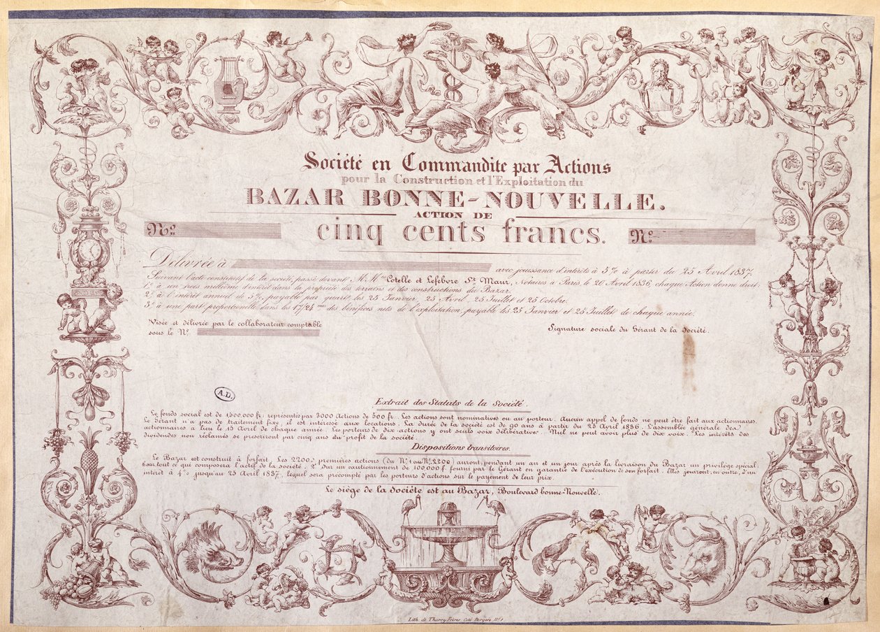 Aksjebevis for 500 franc for Bazar Bonne-Nouvelle, 1836 av French School