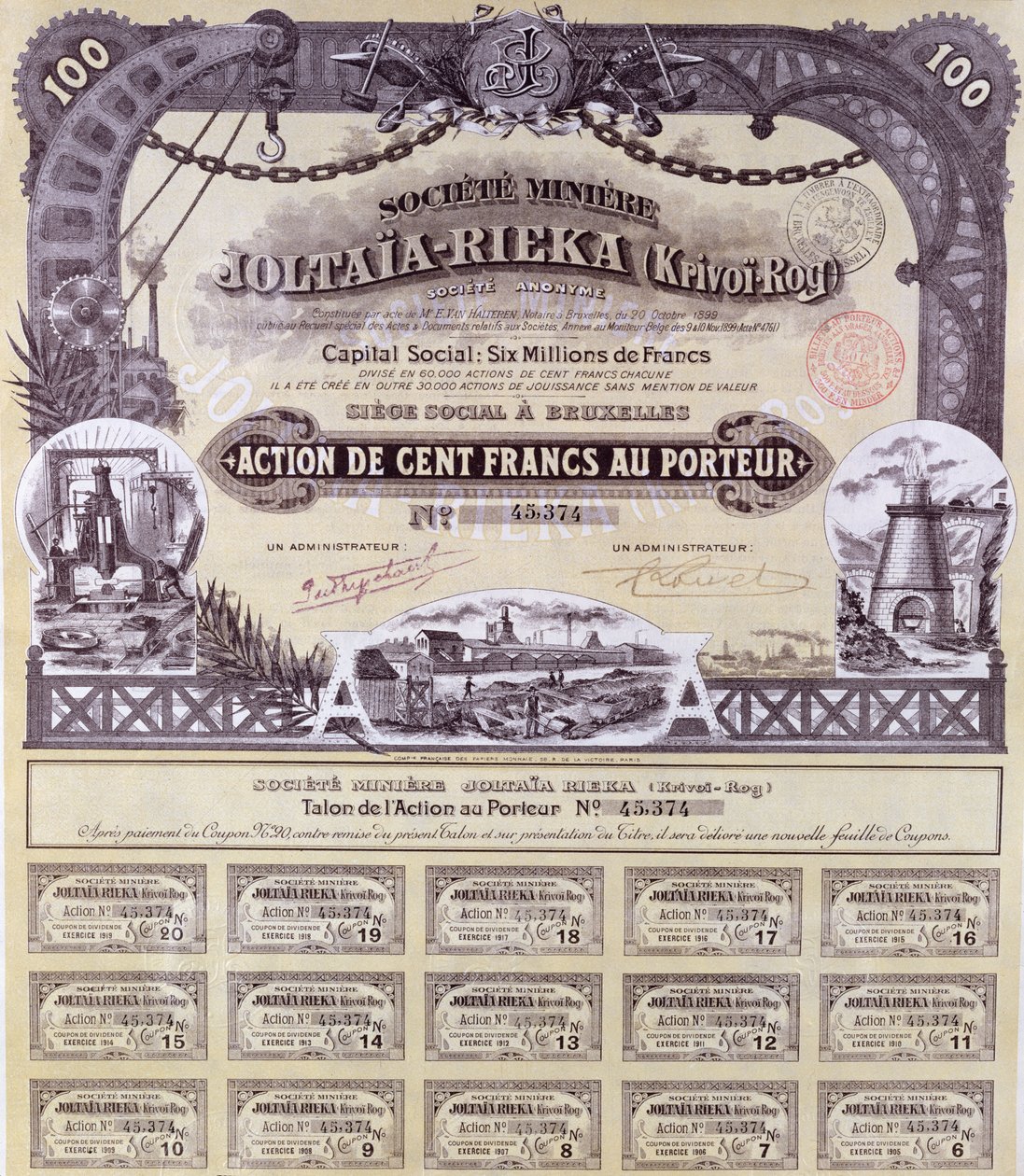 Aksjebevis for 100 franc for det fransk-russiske gruveselskapet Joltaia-Rieka, 1899 av French School