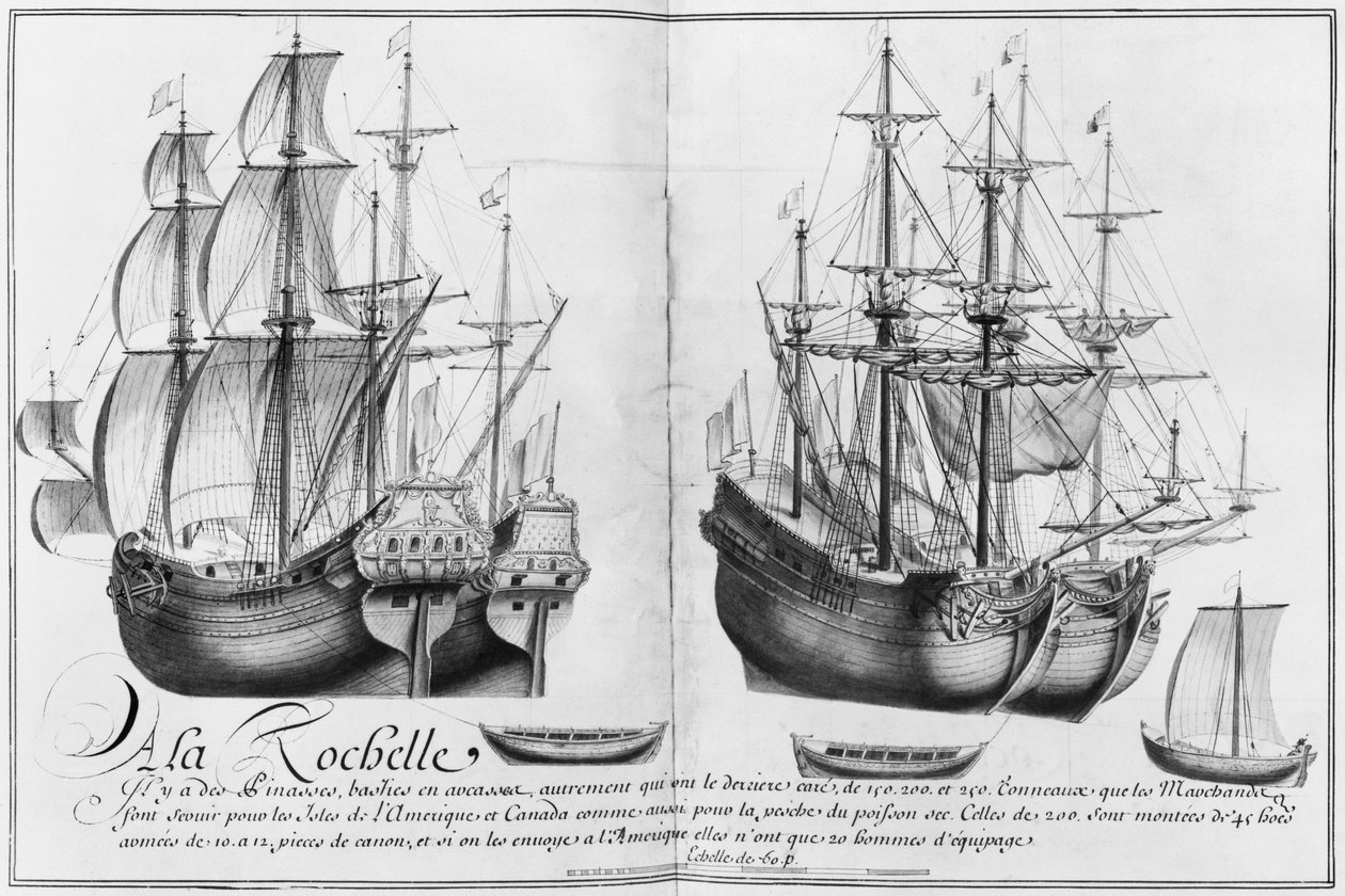 Skip kjent som 'pinasses', La Rochelle, illustrasjon fra 'Desseins des differentes manieres de fartøy ... fra Nantes til Bayonne ...', 1679 (blyant og wc på papir) av French School