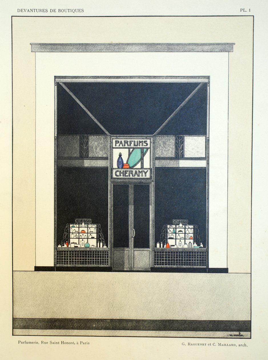 Butikkfront, Plate 1, illustrasjon fra Devantures de Boutiques av Louis-Pierre Sezille, Paris, 1927 av French School