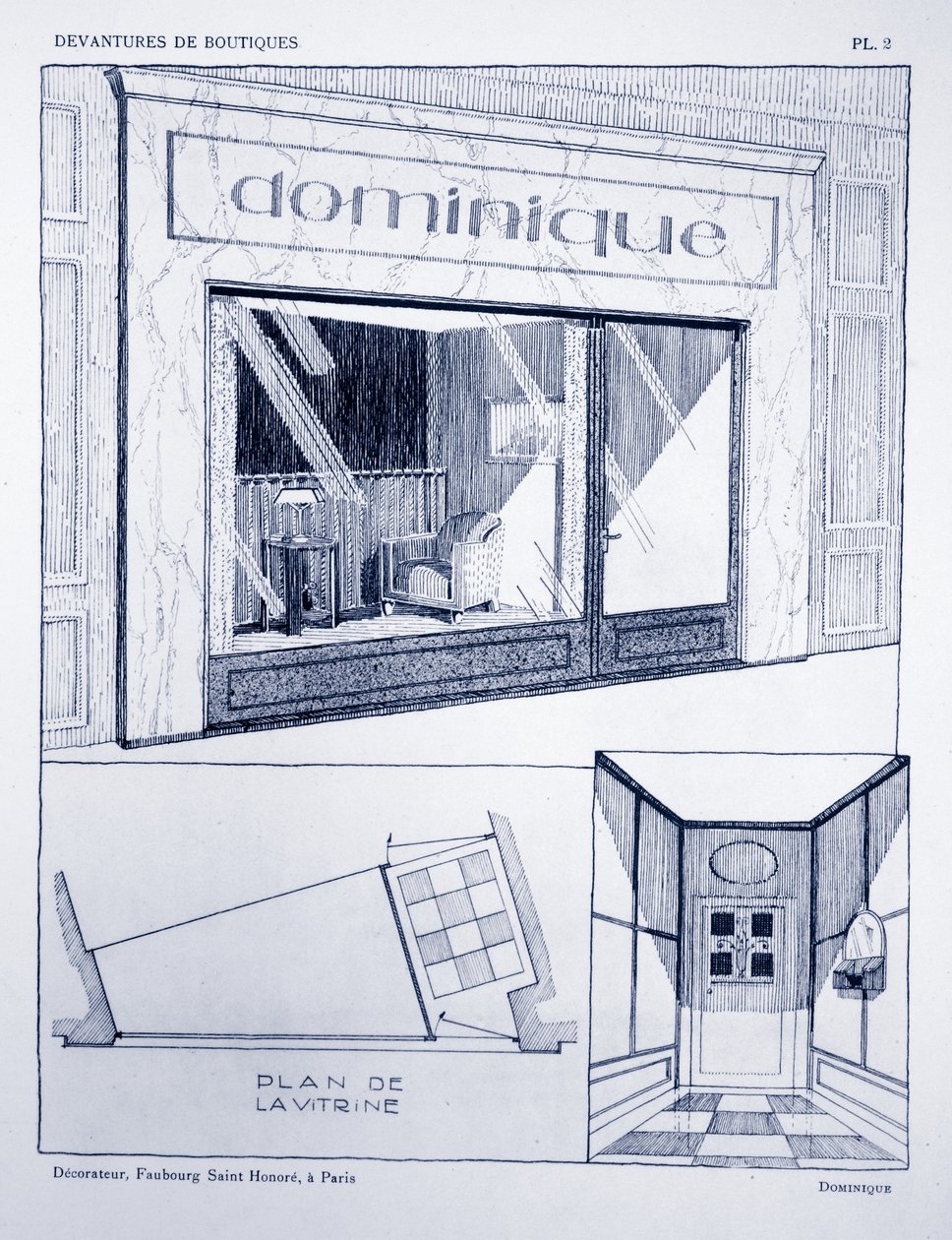 Butikkfront, plate 2, illustrasjon fra Devantures de Boutiques av Louis-Pierre Sezille, Paris, 1927 av French School