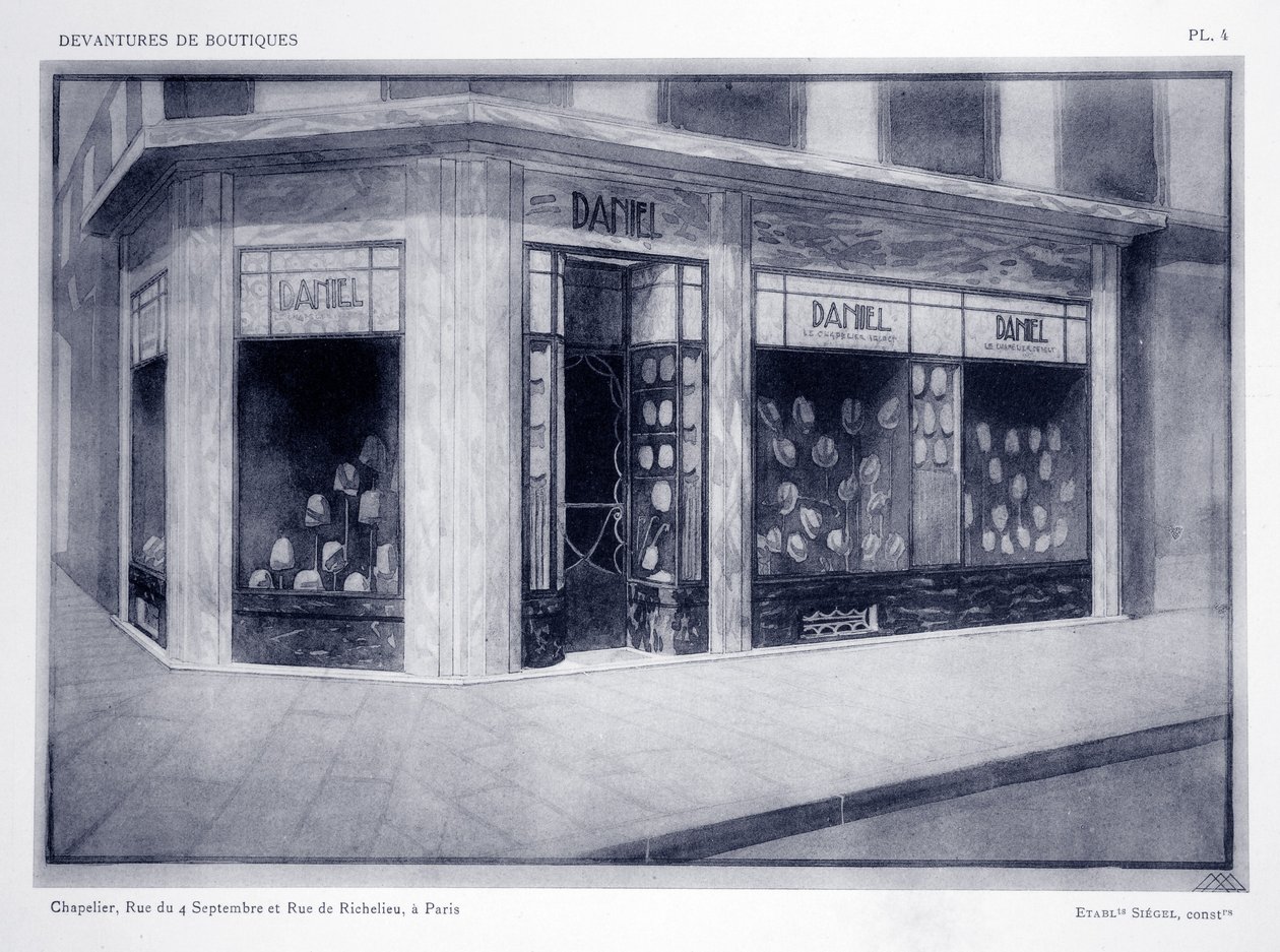 Butikkfront, plate 4, illustrasjon fra Devantures de Boutiques av Louis-Pierre Sezille, Paris, 1927 av French School