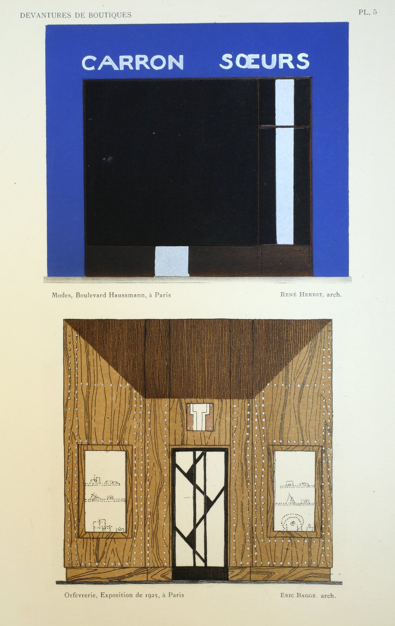 Butikkfronter, illustrasjon fra Devantures de Boutiques av Louis-Pierre Sezille, Paris, 1927 av French School
