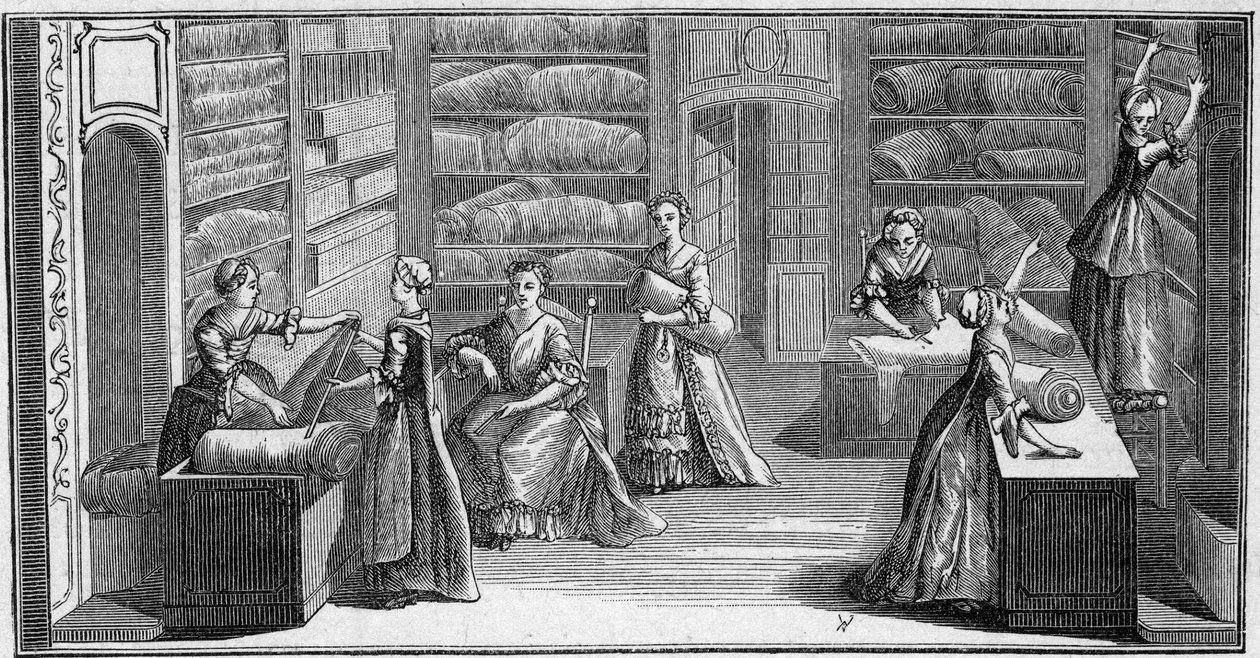 Butikk til en "motehandler" på 1700-tallet. Gravering i "La Marine et les colonies: handel" av French School