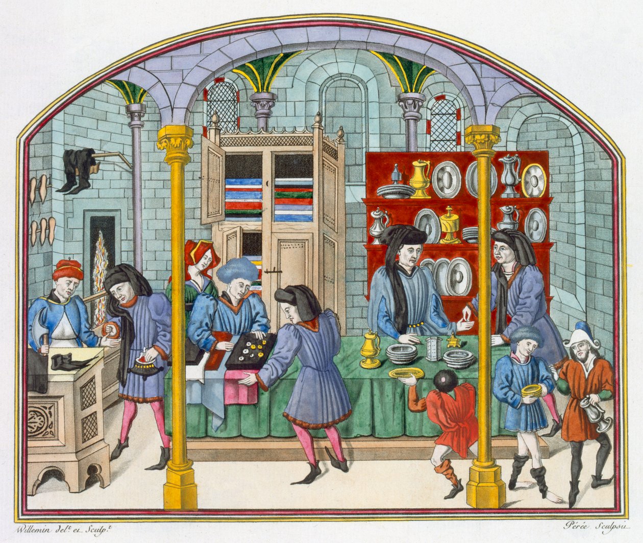 Butikker under et dekket marked, etter en miniatyr i en oversettelse fra 1300-tallet av Aristoteles