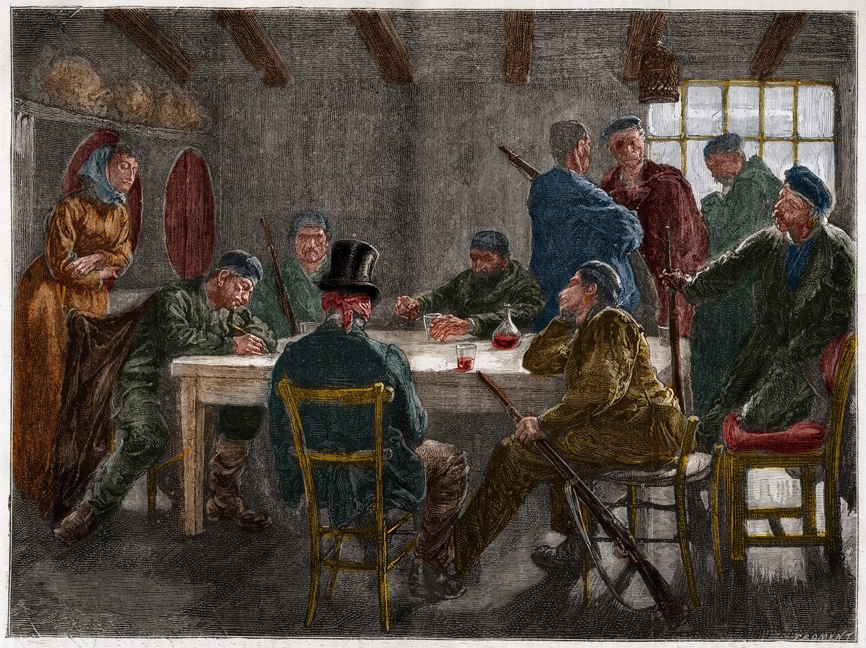 Sicilian mafia in the 19th century: Interrogation of a landowner abrogated by Sicilian mafiosi in 1873. Engraving from 1873. av French School