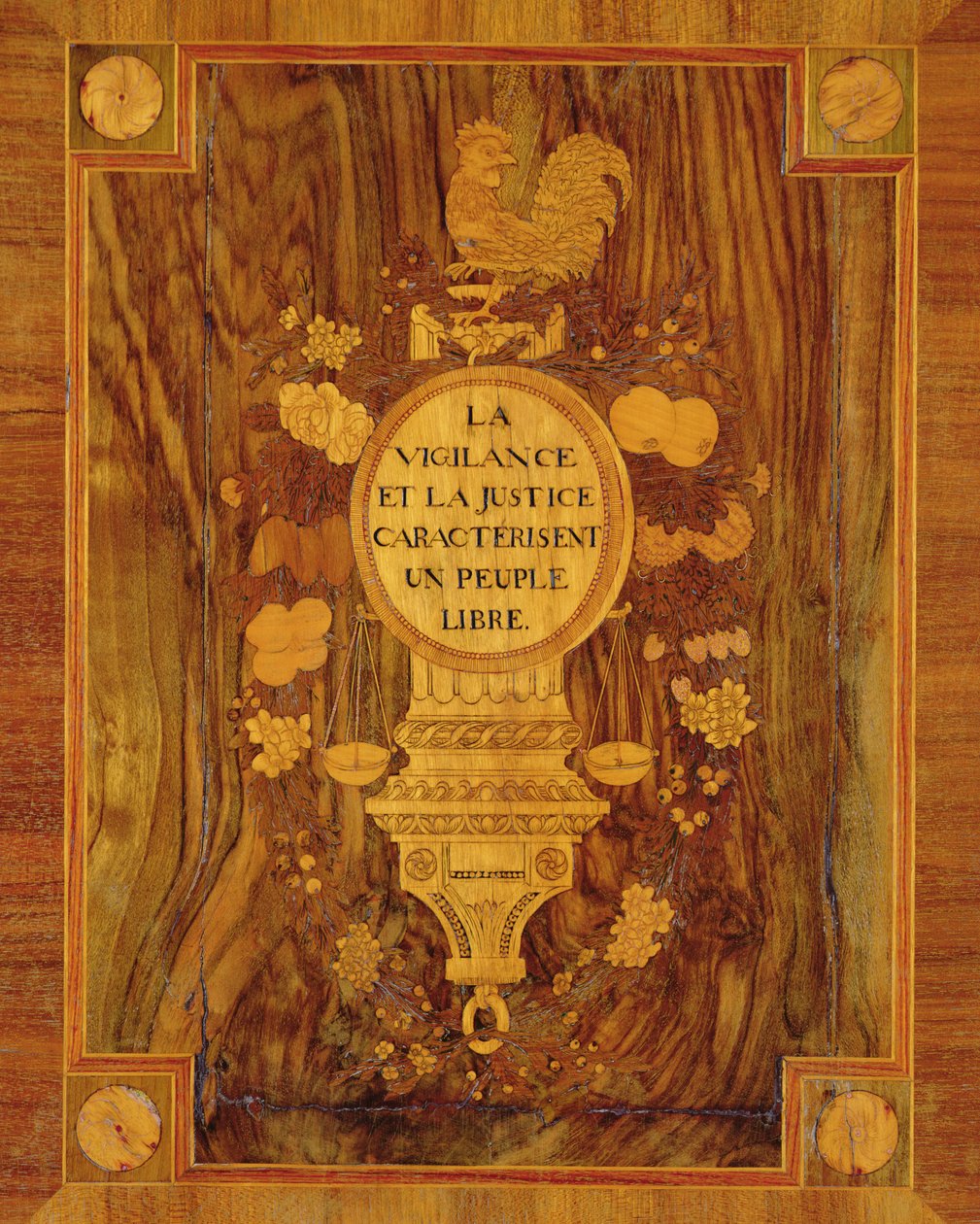 Skjenk med en marquetry-detalj av et revolusjonerende våpenskjold, emblemer og enheter av Vigilance and Justice (tre) av French School