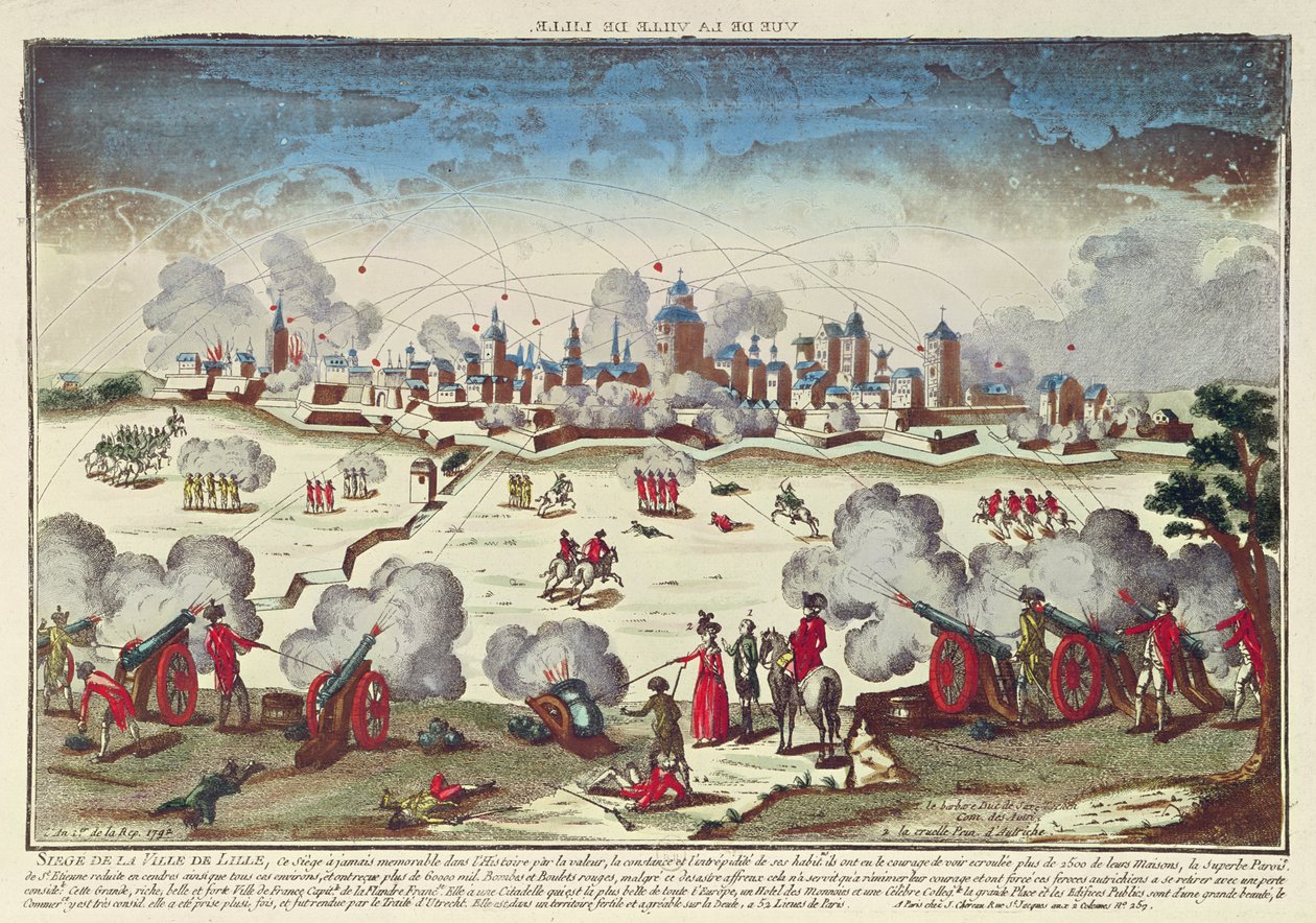 Siege and Bombardment of Lille av Albert de Saxe-Teschen, september-oktober 1792 (farget gravering) av French School