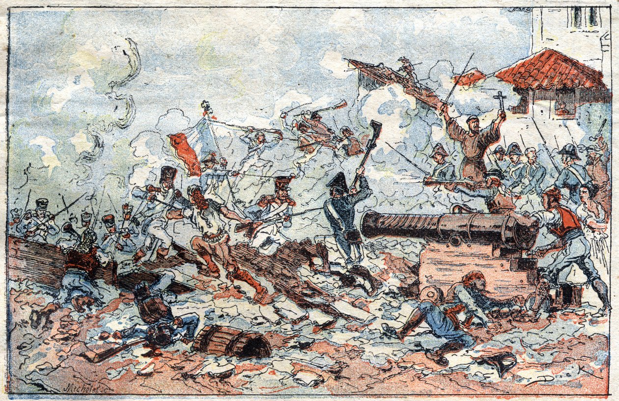 Beleiring og fangst av Zaragoza (Zaragoza) i Spania i februar 1809 av Napoleon-troppene. Gravering fra 1800-tallet. av French School