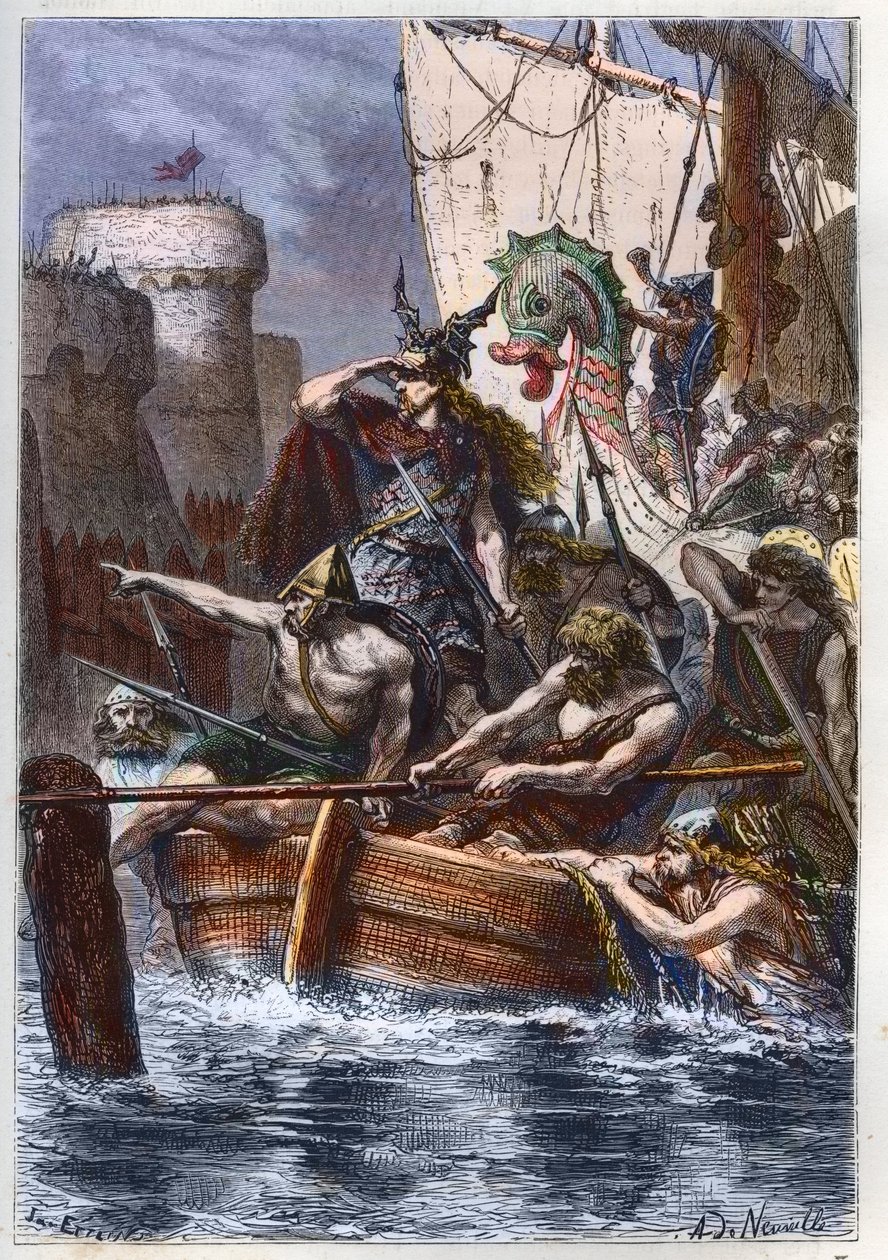 Beleiring av Paris (885-887): invasjon av normannerne (vikingene) i 886 - Vikingraideren Rollo (Rollon) Ranger angriper Paris via elven Seinen 885 AD - gravering fra "" L
