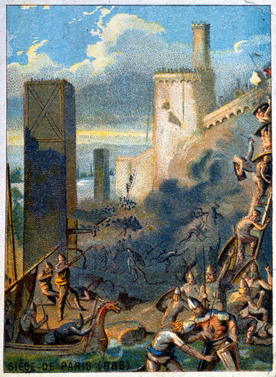 Beleiring av Paris (885) av normannerne (vikingen). Kromolitografi av serien "" Patriotisk utdanning gjennom bilde"". av French School