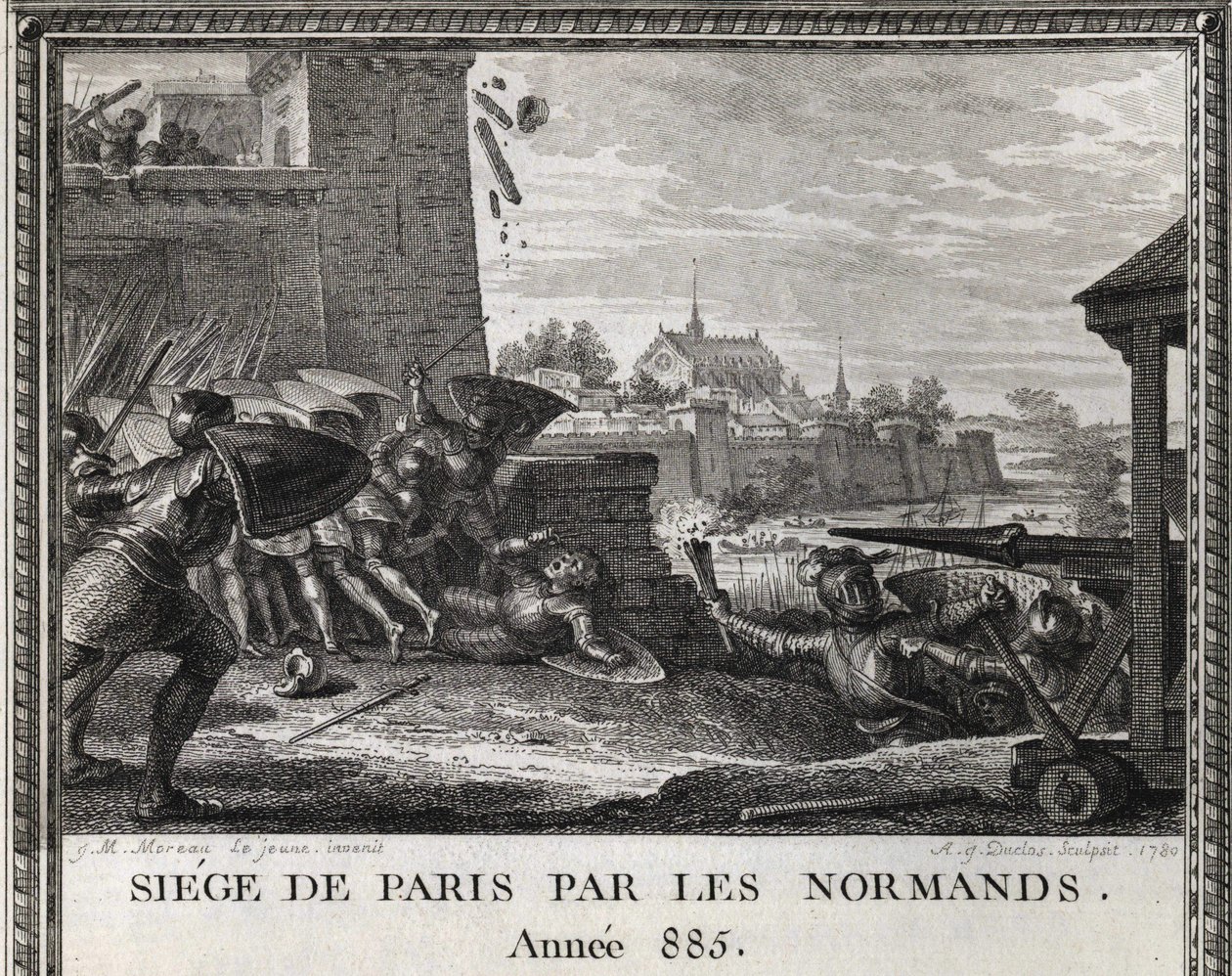 Beleiring av Paris av normannerne, år 885. Gravering fra «Figures de l