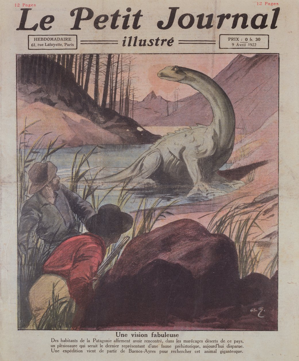 Observasjon av en Plesiosaurus i Patagonia, forsideillustrasjon av Le Petit Journal, 9. april, 1922 av French School