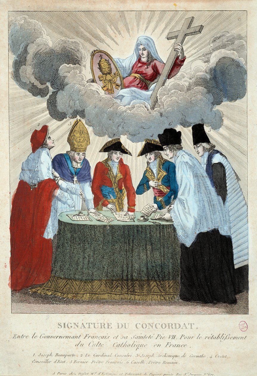 Underskrift av konkordatet av 1801 den 15/07/1801: det er signert mellom den franske regjeringen (her representert av Joseph Bonaparte) og Saint Siege (representert av kardinal Consalvi for pave Pius VII). 1801 Paris, Musee Carnavalet av French School