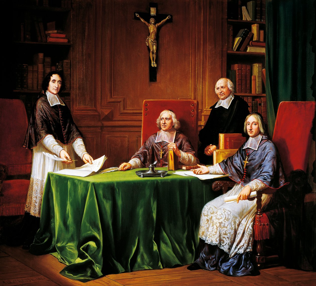 Signering av Articles of Issy-konferansen holdt i 1697 mellom Jacques Benigne Bossuet (biskop av Meaux), Louis-Antoine Noailles (biskop av Chalons) Francois Fenelon (erkebiskop av Cambrai) av French School