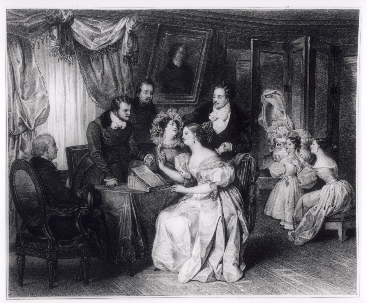 Signering av ektepakten på advokatkontoret, ca. 1840 av French School