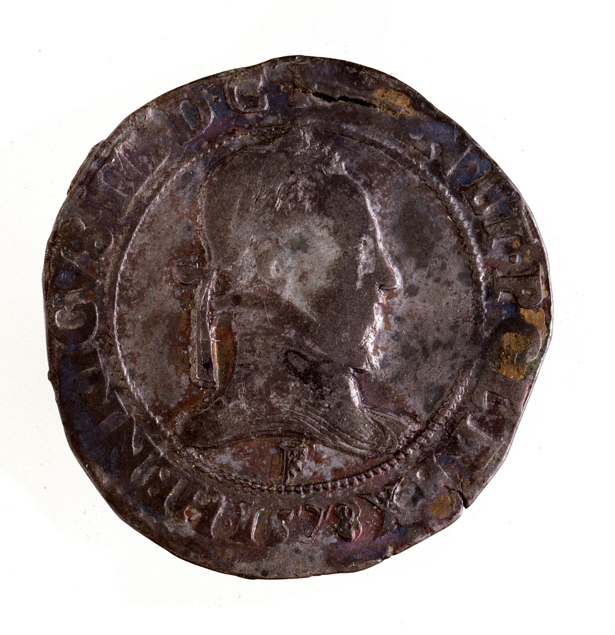Sølv fransk testoon (teston), regjeringstid til kong Henry III av Frankrike (Henri III) (1574-1589) Diam. 3,5 cm Napoli, museo archeologico av French School