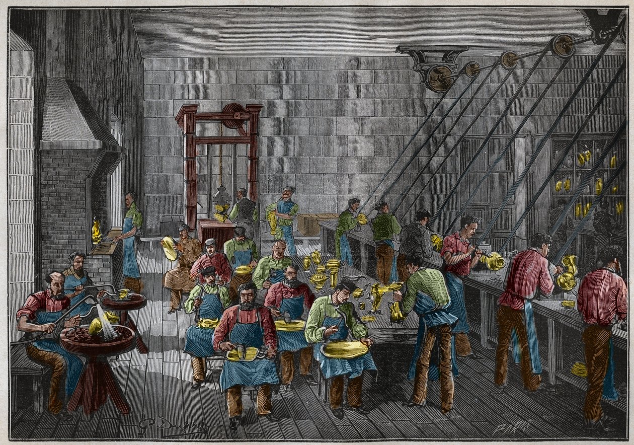 Sølvvareverksted i Frankrike på 1800-tallet. Gravering fra 1885 i "" Les arts et metiers illustres"" av Adolphe BITARD. av French School