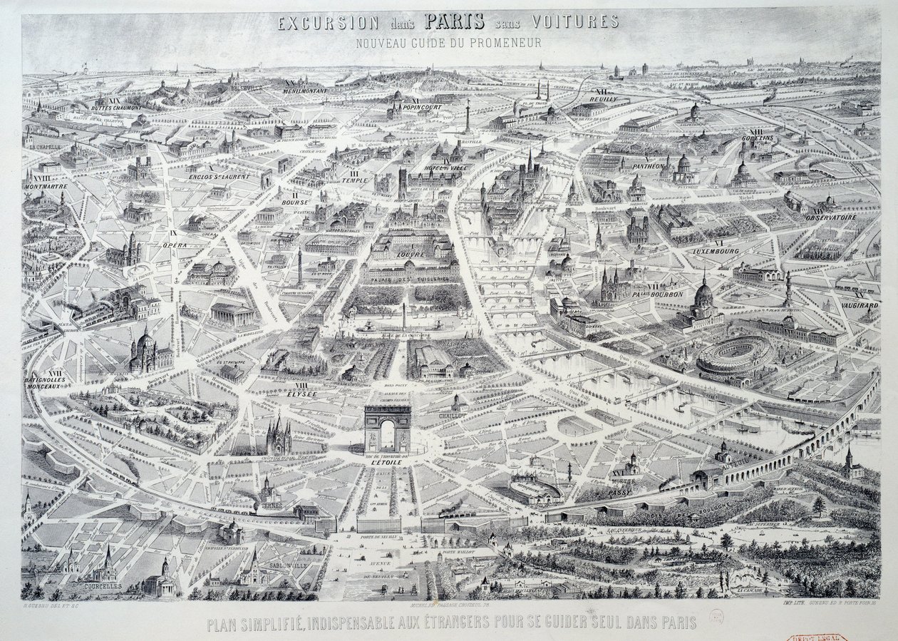Forenklet plan for Paris uunnværlig for fremmede å guide seg alene i byen. Tallerken hentet fra "Ny guide for vandreren, utflukt til Paris uten bil"" Paris fra 1900-tallet, Musee Carnavalet av French School