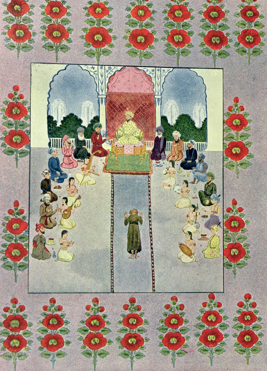Sinbad the Sailor mottar Sinbad the Porter, illustrasjon for Sinbad the Sailor, fra The Arabian Nights, 1895 (fargegravering) av French School