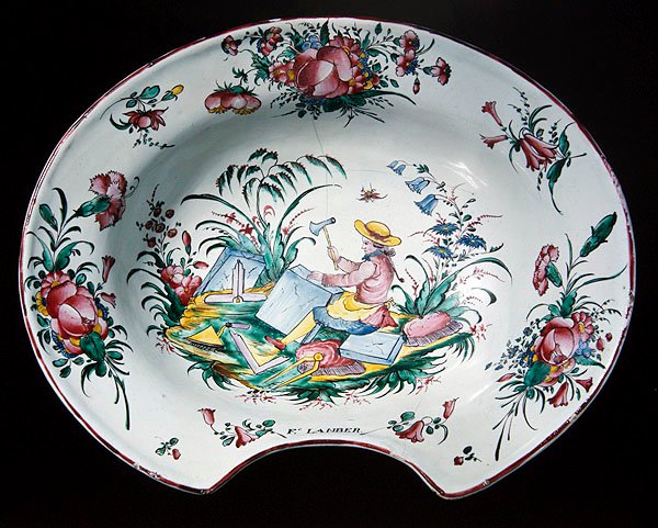 Oppriktig tallerken med steinhuggerdekor, ca. 1780 (polykromt lertøy) av French School