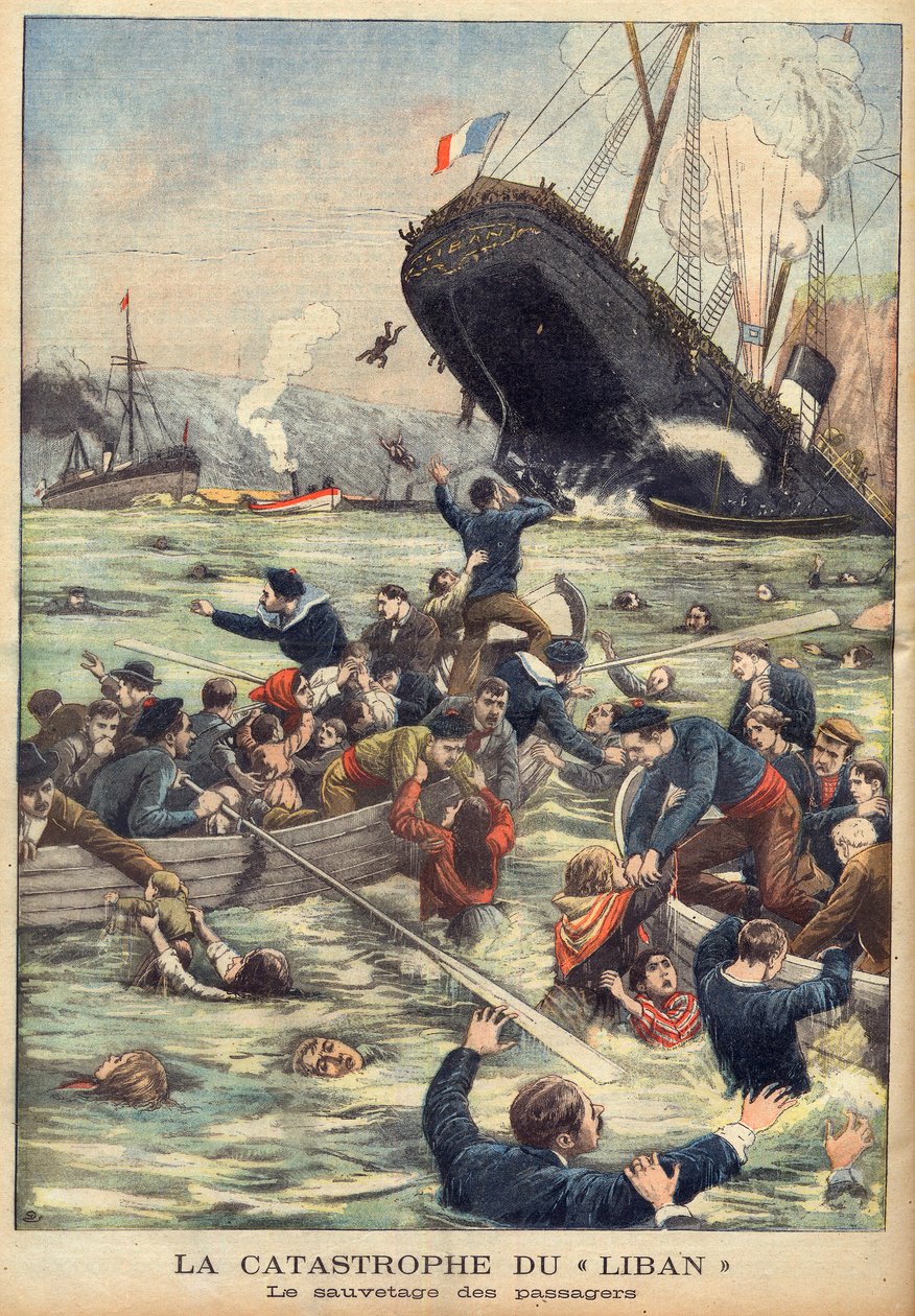 Senking av dampskipet Liban utenfor Marseilles, passasjerer ble reddet i "Le Petit Journal" du 21/06/1903 (gravering) av French School