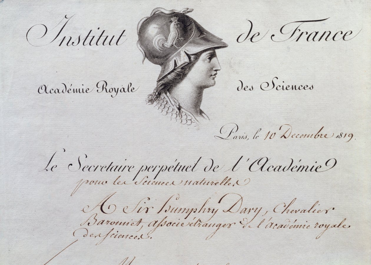 Sir Humphry Davys (1778-1829) sertifikat for medlemskap til Institut de France, 10. desember 1819 av French School