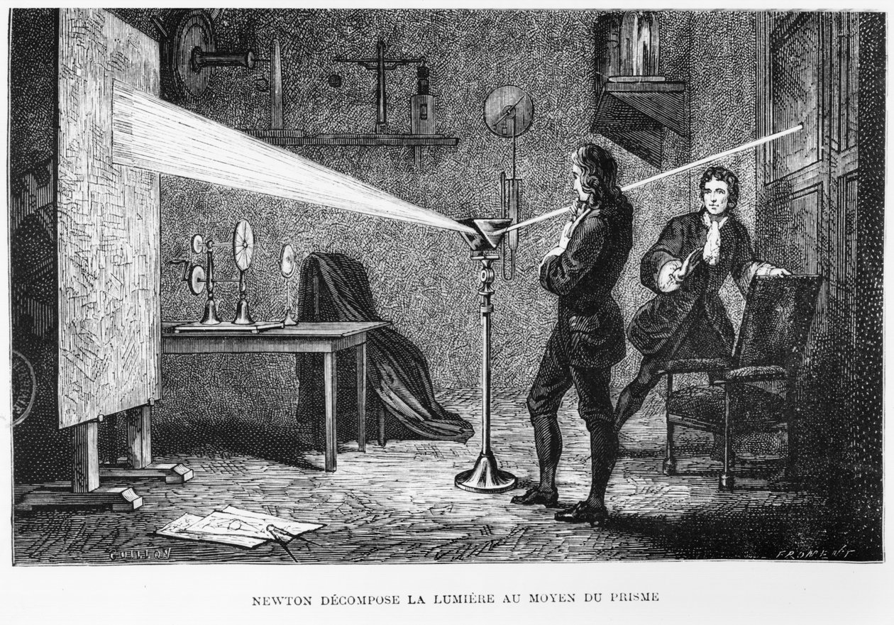 Sir Isaac Newton (1642-1727) bryter opp lyset gjennom et prisme, illustrasjon fra La Vie des Savants Illustres av Louis Figuier, 1868 av French School