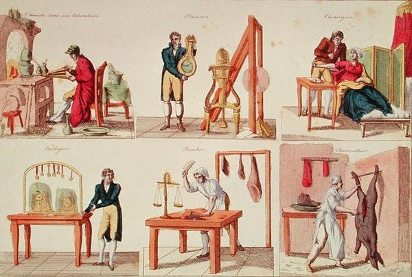Six Professions (farget gravering) av French School