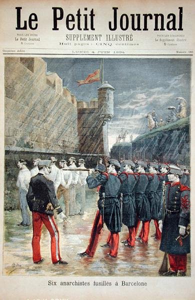 Seks anarkister blir henrettet i Barcelona, forside av Le Petit Journal, 4. juni 1894 av French School