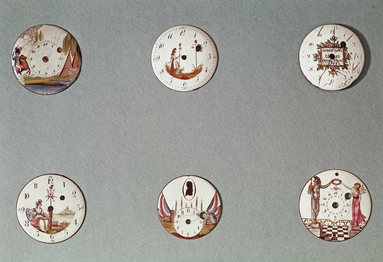 Seks lommeur dekorert med revolusjonære symboler (metall og emalje) av French School