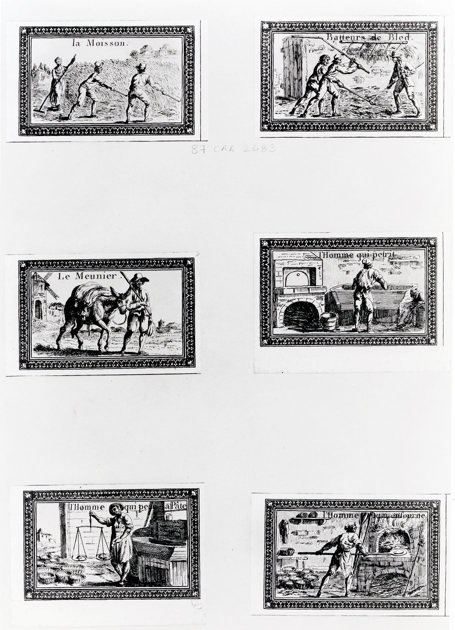 Seks vignetter som viser brødbaking (gravering) (bw-bilde) av French School
