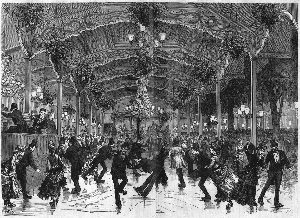 Skøytering i Bullier. Bane for å danse på rulleskøyter på Bal Bullier i Paris. Gravering i "The Illustrous Universe" av French School