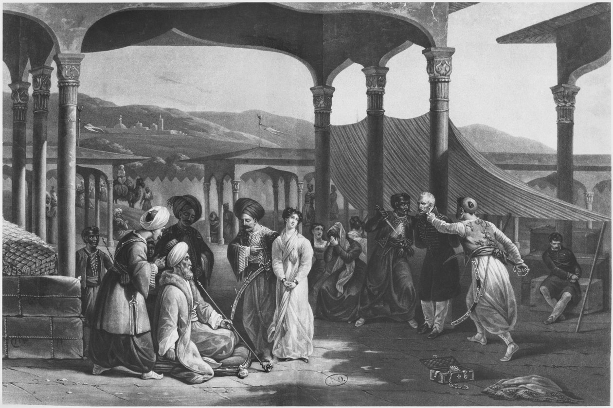 Slavebasar, Alger, Algerie, ca. 1820 (litho) (s/hvitt-bilde) av French School
