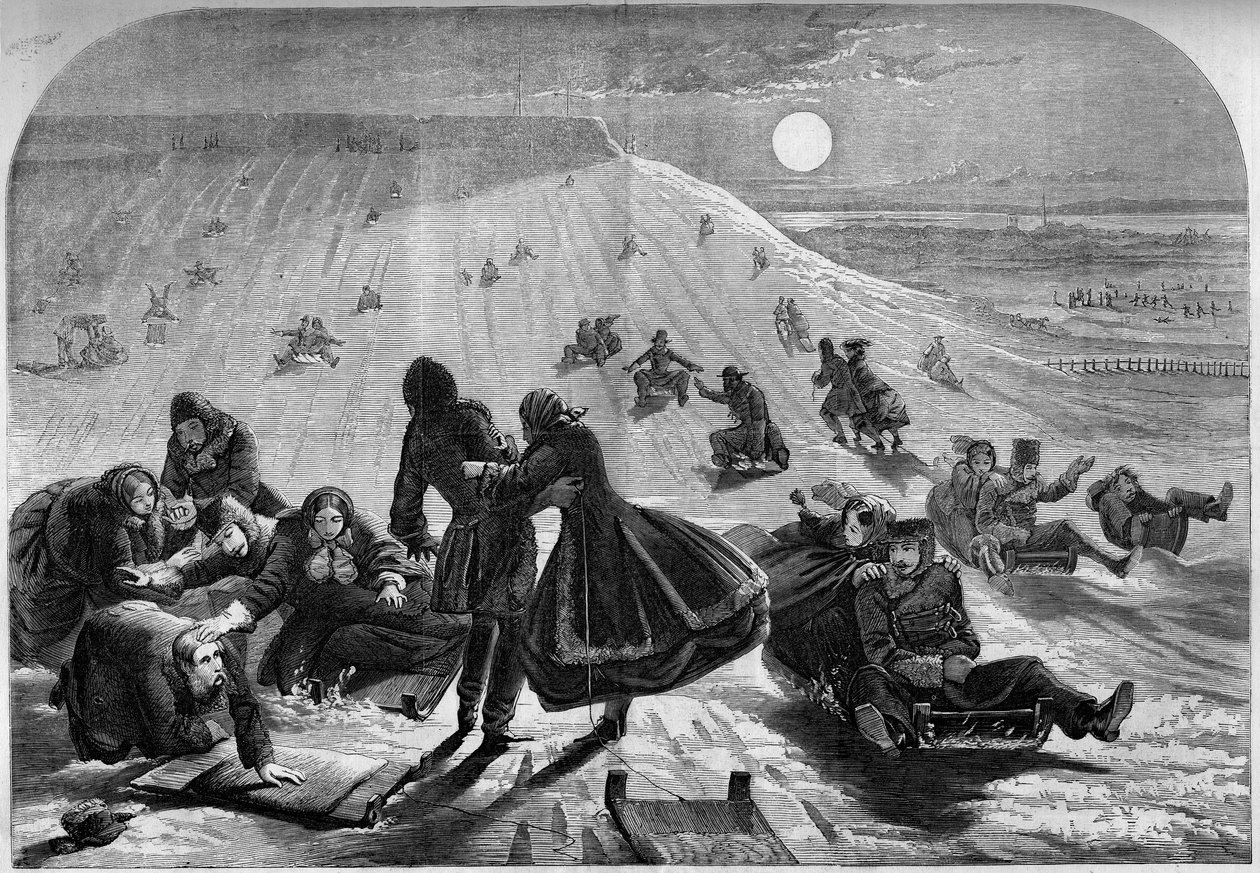 Slede ned i Montreal, Canada, vinteren 1859. Gravering i "" Le Monde Illustré"" nr. 98 av 26. februar 1859. av French School