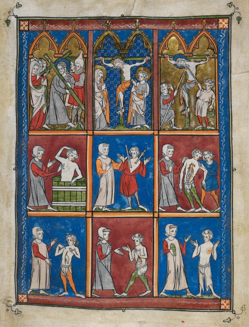 Sloane 1977,f.7 The Chirurgia: Ni miniatyrer som viser bibelske og medisinske scener. Ovenfor, Kristus som bærer korset; Mary og St. John på Golgata; Kristus gitt eddik og gjennomboret med lansen. Sentrum og under, leger som behandler pasienter for ulike av French School