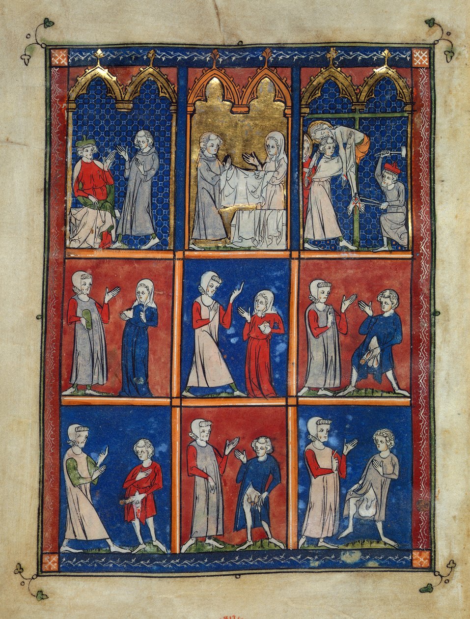 Sloane 1977,f.7v The Chirurgia: Joseph of Arimethea ber om Kristi kropp, Joseph og en kvinne med begravelsestøy, og Depositionen, og nedenfor, to kvinner som presenterer et sykt bryst for en lege, og fire menn med forskjellige kjønnssykdommer. av French School