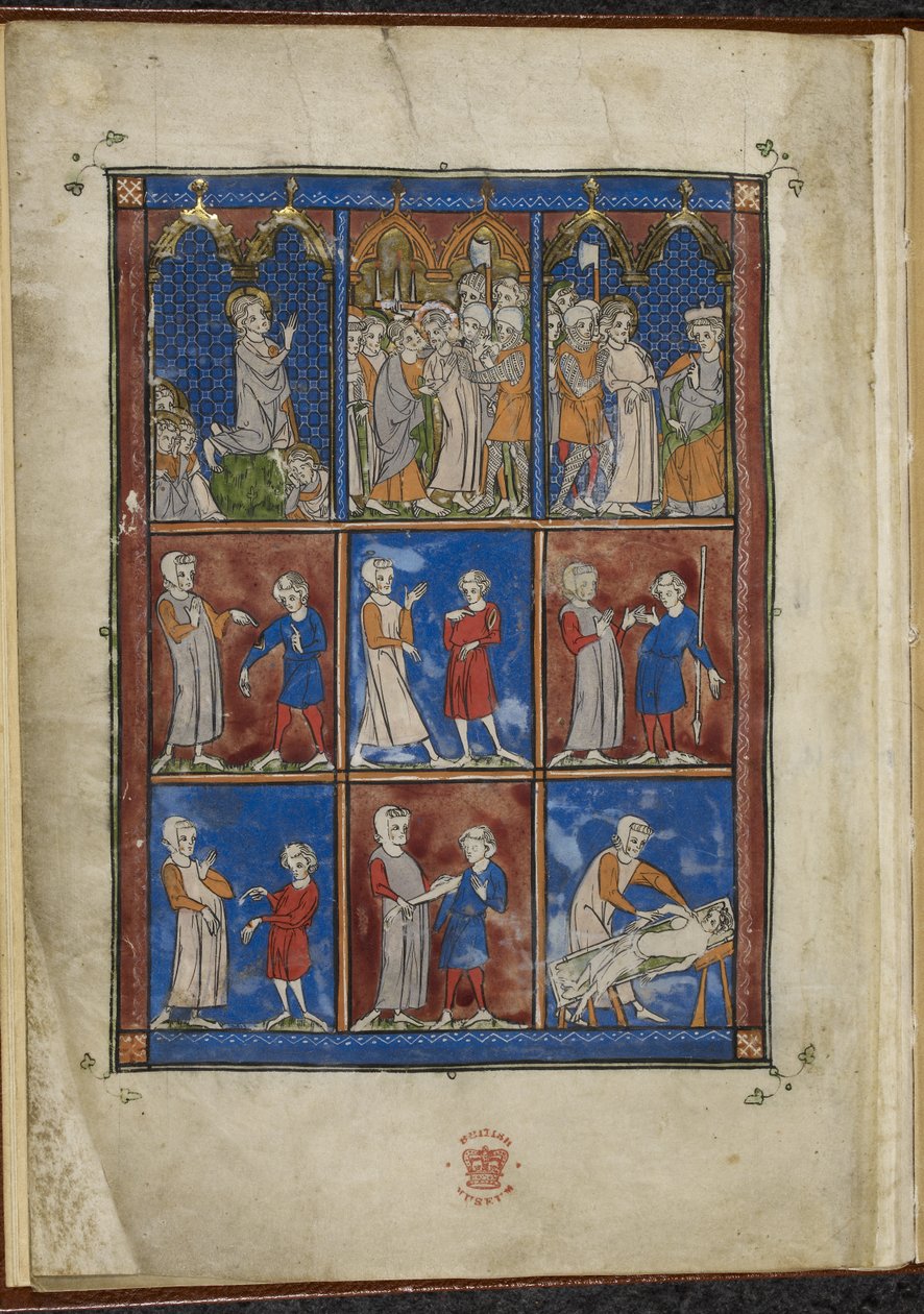 Sloane MS 1977 fol.5v Ni miniatyrer som viser bibelske og medisinske scener, Chirurgia av French School
