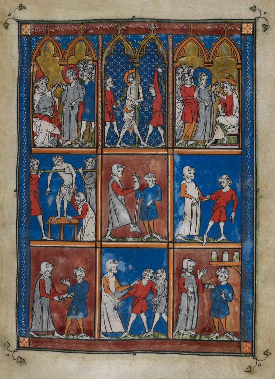Sloane MS 1977 fol.6r Ni miniatyrer som viser bibelske og medisinske scener. Ovenfor, Kristus før Kaifas og Pilatus; flagellasjonen. Sentrum og under, leger som behandler pasienter for brukne bein og andre plager av French School