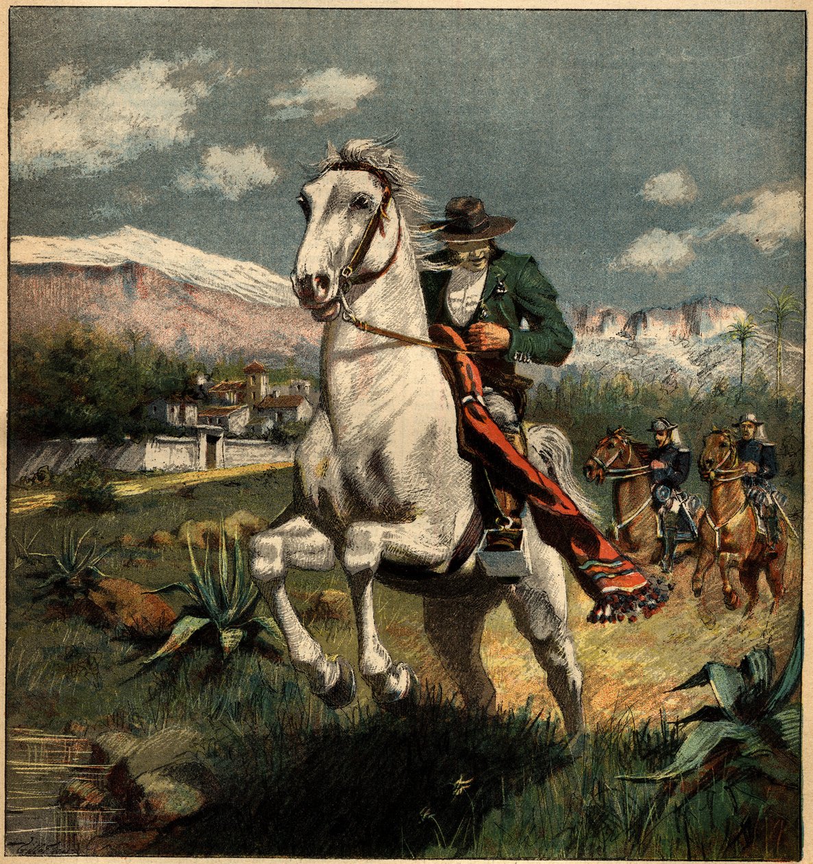 Smugler i pyreneene forfulgt av kongens carabinieri. Gravering i "" La Terre Illustree"" nr. 75 av 7. april 1892. av French School