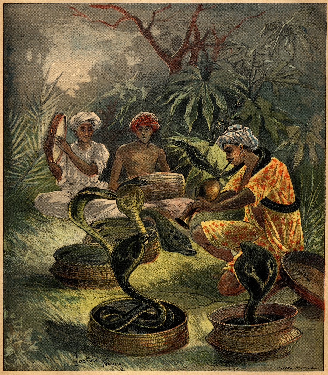 Snake charmers (cobras) in India. Engraving in “La Terre Illustree”” n°94 of 18 August 1892. av French School