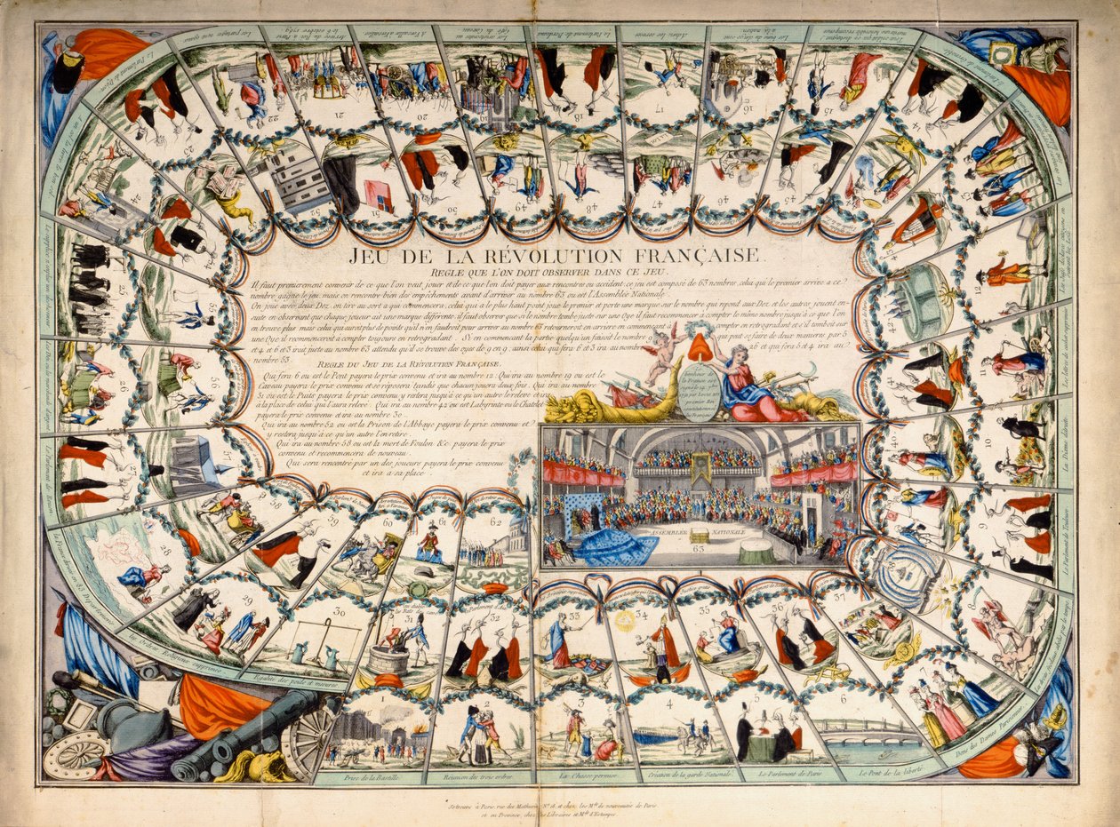 Snakes and ladders board basert på den franske revolusjonen, 1791 av French School