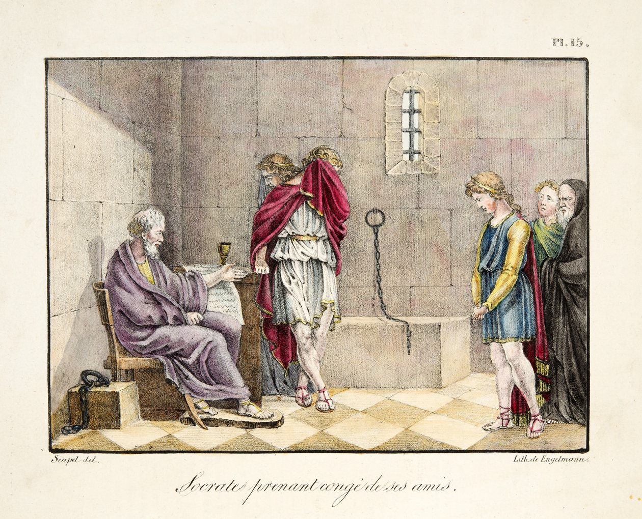 Sokrates tar avskjed med vennene sine, pub. av Engelmann, ca. 1835 (håndfarget gravering)) av French School