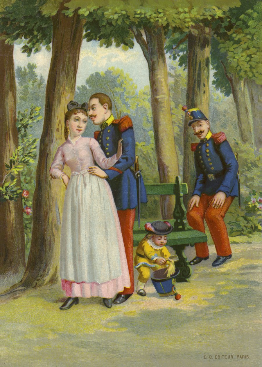 Soldat som nærmer seg hushjelp i parken (chromolitho) av French School