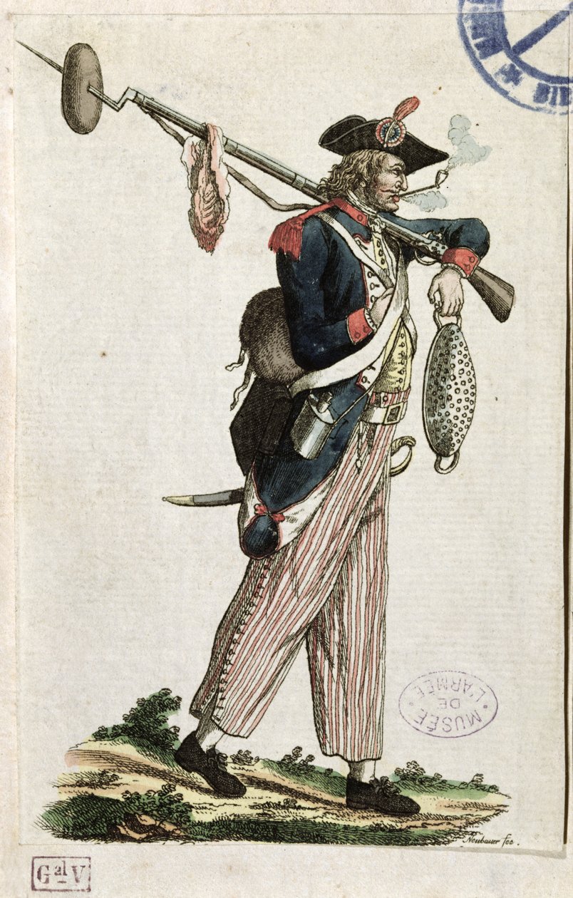 Soldat fra den franske revolusjonen bærer en bajonett som er festet til et brød og et kjøttstykke: LAn 11 1794 av French School