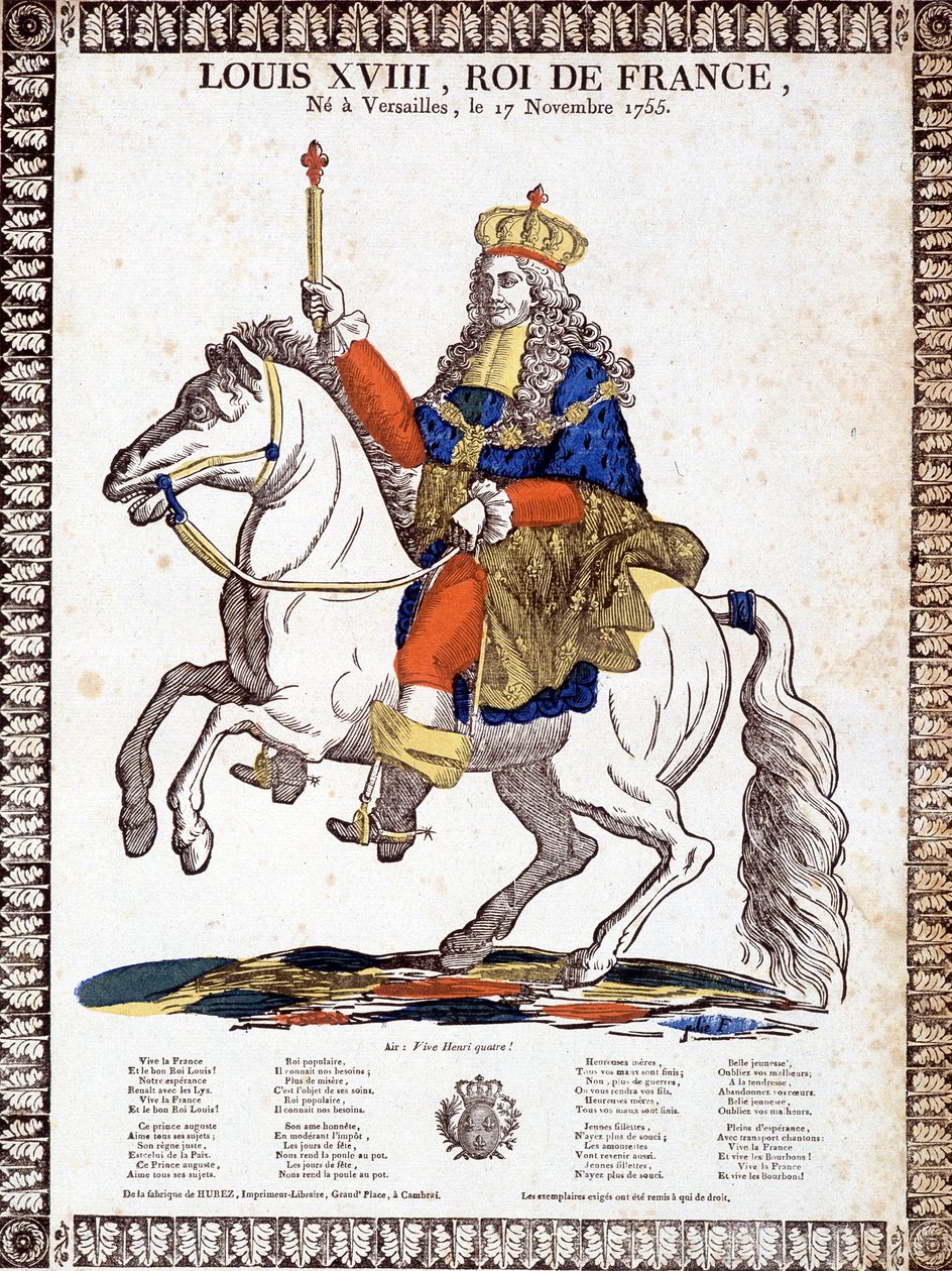 Sang til ære for kongen av Frankrike Louis XVIII, illustrert av et rytterportrett av kongen (gravering) av French School