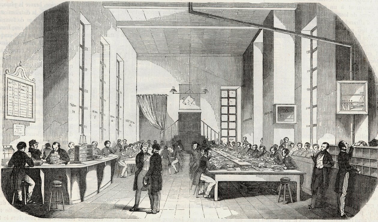 Sortering av brev fra Paris - Gravering i "" Tableau-de-Paris"" av Edmond Texier 1852 av French School