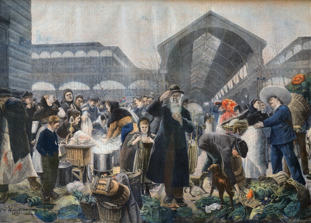 Suppestativ på Les Halles-markedet om morgenen, illustrasjon fra 'Le petit Journal', 2. mars 1897 - la soup aux Halles le matin i Paris - gravering av Fortune-Louis Meaulle etter Jean Jacques Rousseau (1861-1911) av French School