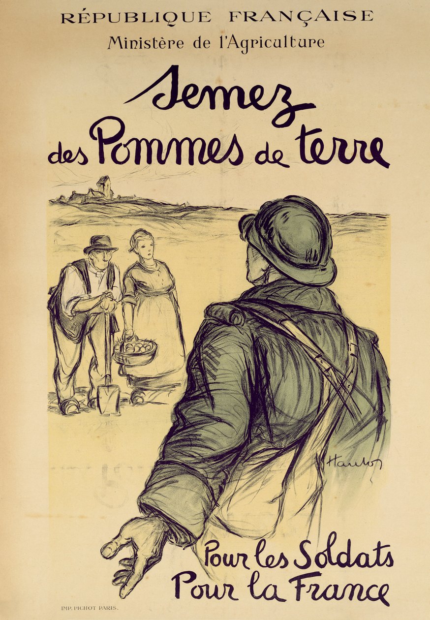 Så poteter for soldatene og for Frankrike, plakat for krigsinnsatsen fra Ministere de lAgriculture, 1915 av French School